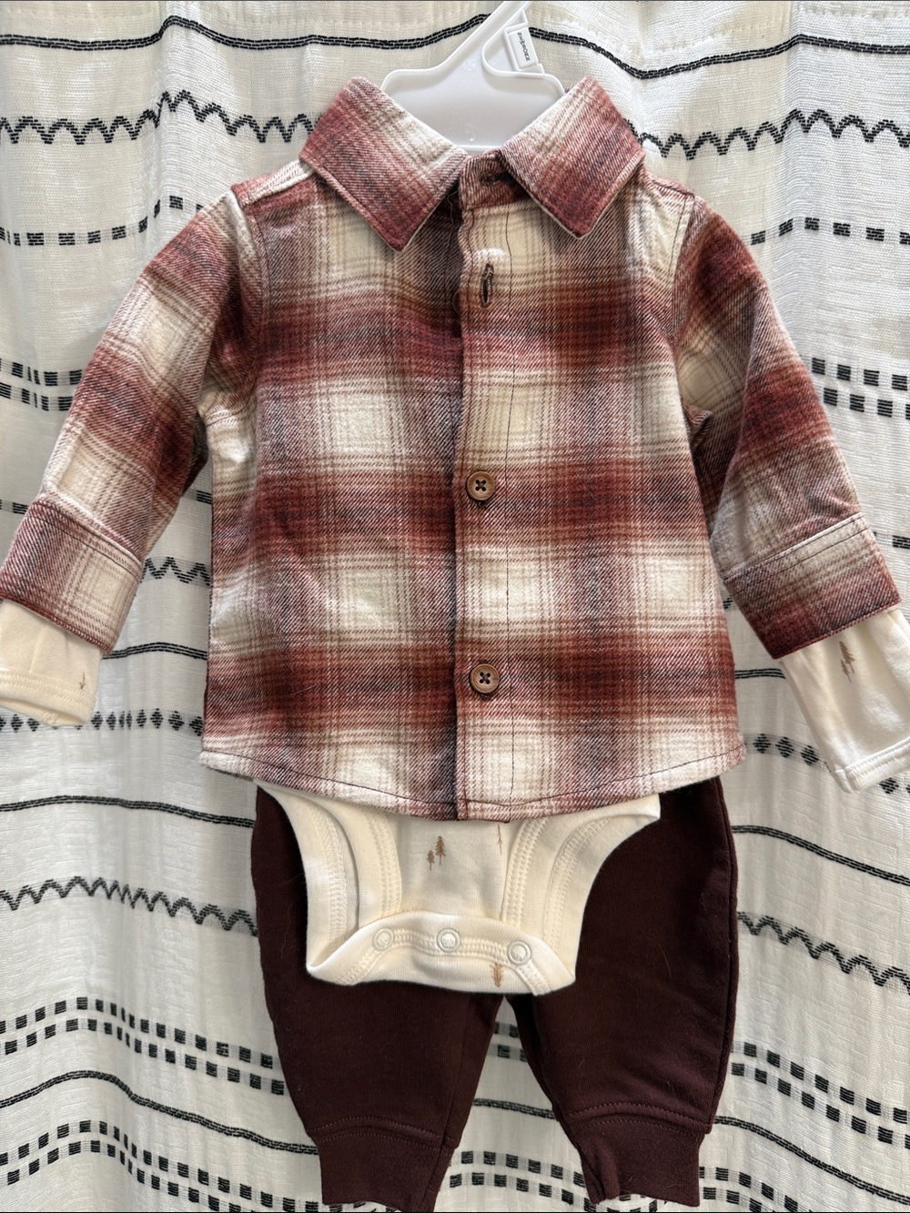 Carter's Cream Tree-Print Bodysuit with Rust Plaid Jacket and Brown Pants